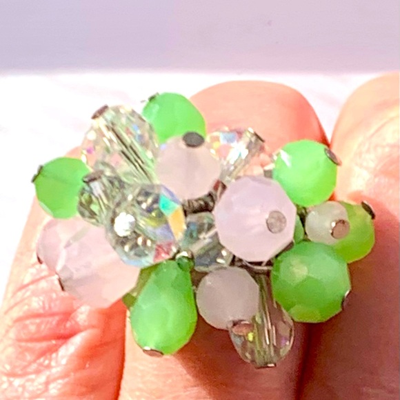 🌳 Genuine Crystal Green Pink & Clear Stretch Ring Silver Tone by Cookie Lee - Picture 9 of 9